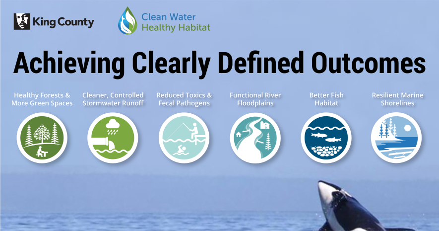 Achieving Clearly Defined Outcomes poster showing orca jumping and a series of icons. 
