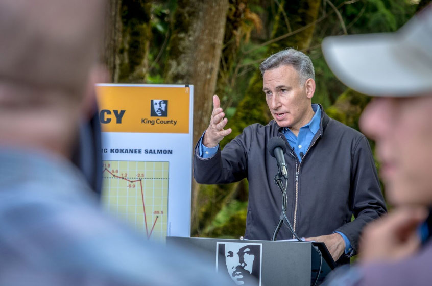 Executive Dow Constantine speaks at a press conference about kokanee salmon.