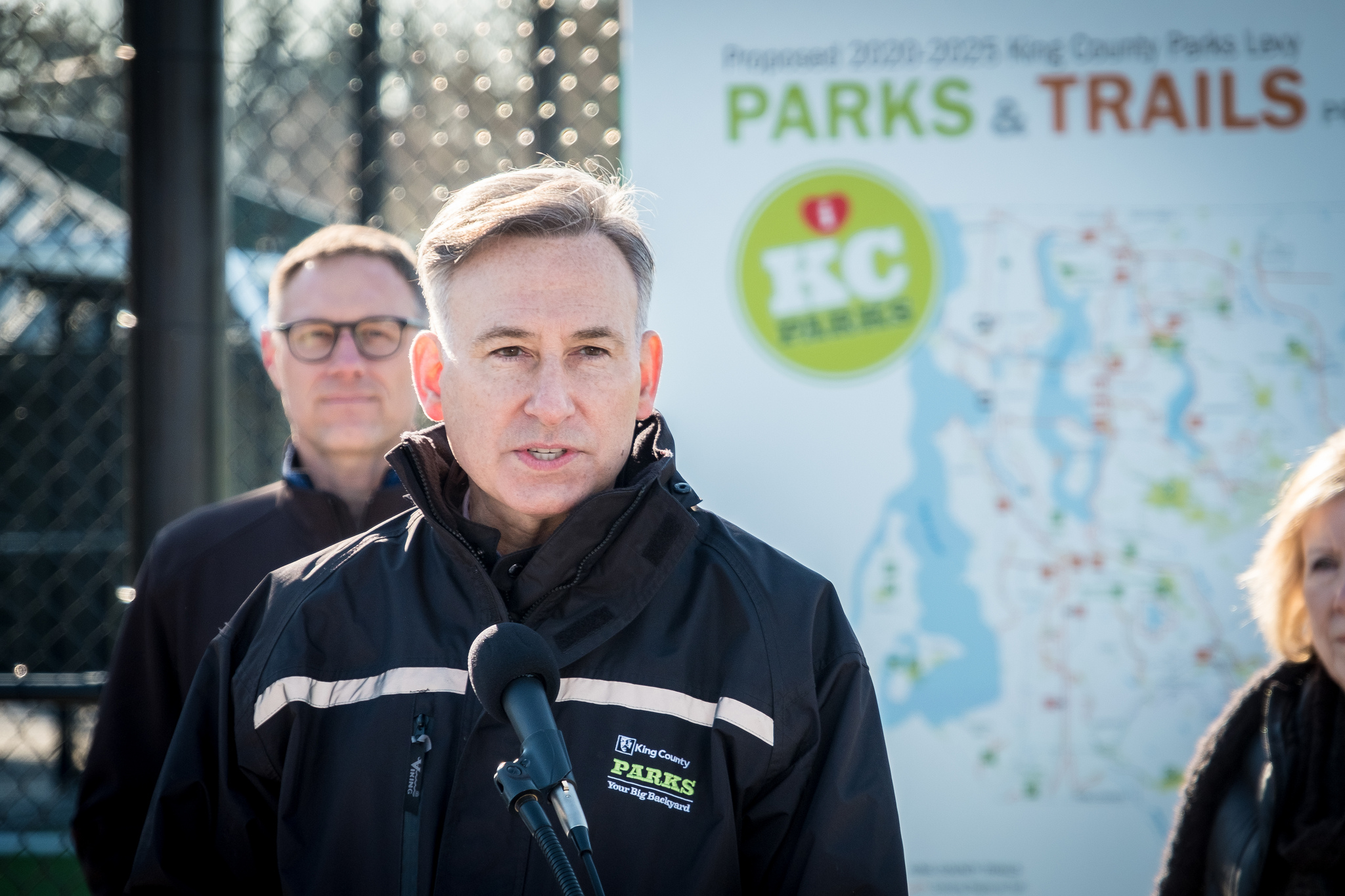 Executive Constantine announces his proposal to renew the King County Parks Levy at Steve Cox Memorial Park in White Center.