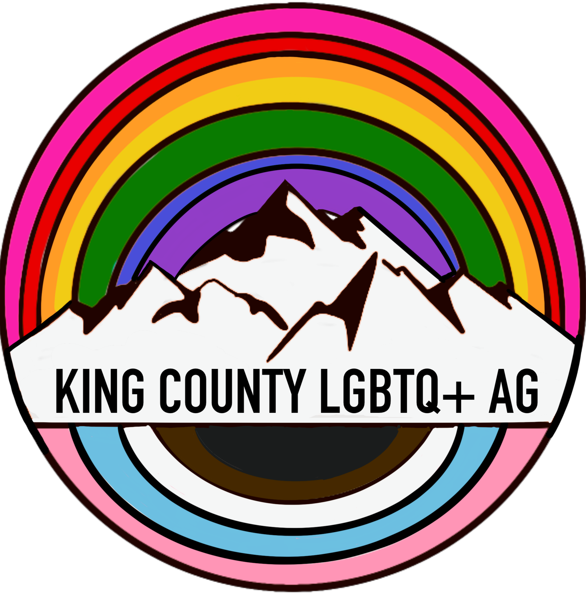 Mountains in black and white with color rings black, brown, white, blue, light pink, bright pink, orange, yellow, green, and purple