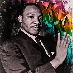A black and white portrait of Dr. Martin Luther King Jr. with his hand in front of him. Behind him are abstract, vibrant geometric prism shapes.