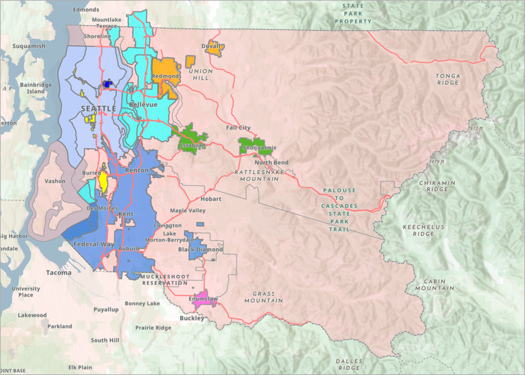 Map of King County PSAPs, showing city boundaries in various colors and surrounding mountainous terrain.