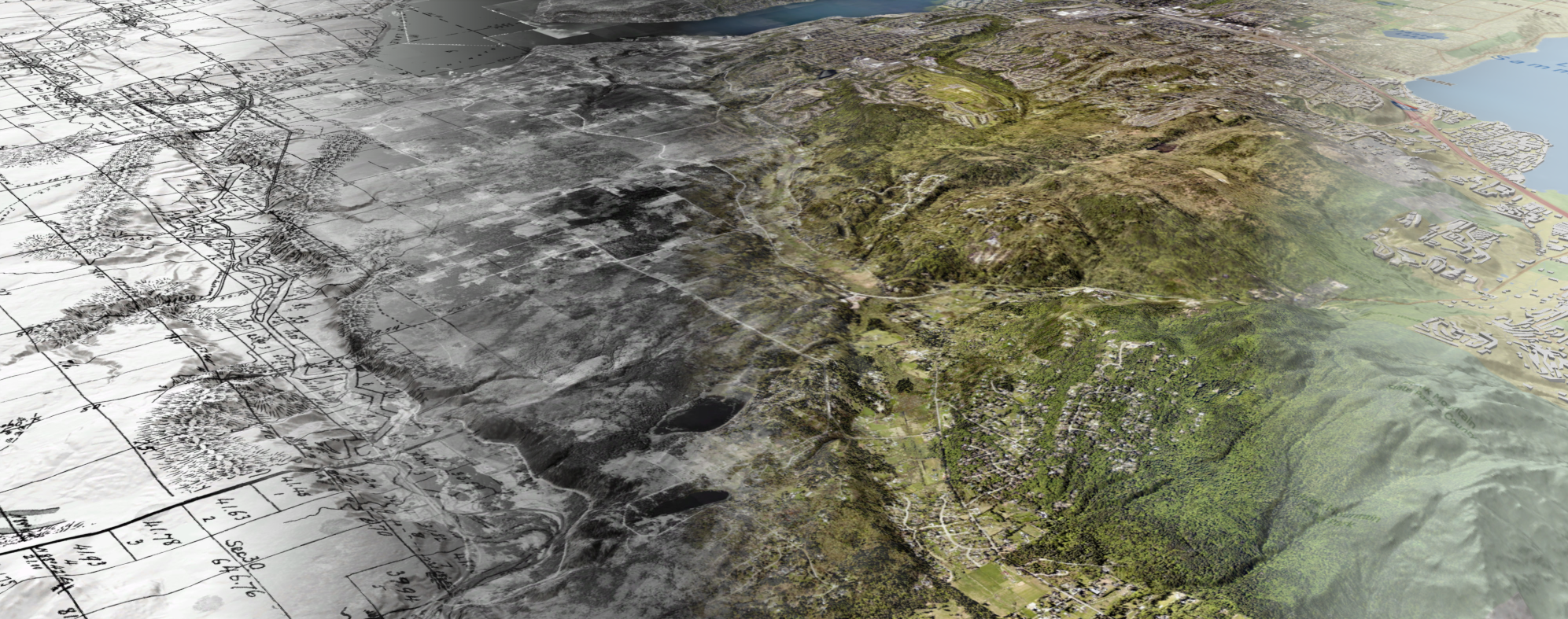 View of the Cedar River valley with the 1890s GLO map, 1936 aerial, 2023 aerial, and KCGIS vector basemap