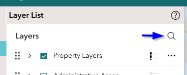 Layer list with an arrow pointing towards a search icon in the upper right