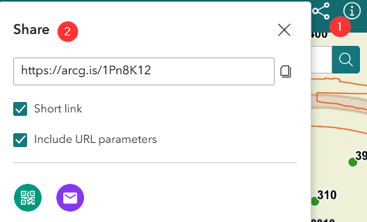 Instructions for sharing: 1. Select the Share icon. 2. Copy the link in the popup.