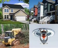 Photo with a picture of a house, a condo building, a bulldozer at work in a forest and a close up of a fire sprinkler.