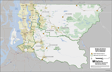 Map showing locations of bridges with vehicle weight restrictions in unincorporated King County.