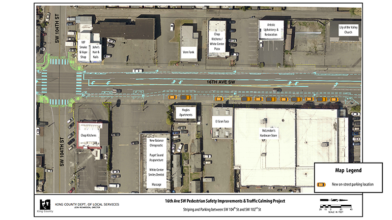Aerial map showing striping and parking between SW 104th St and SW 102nd St.