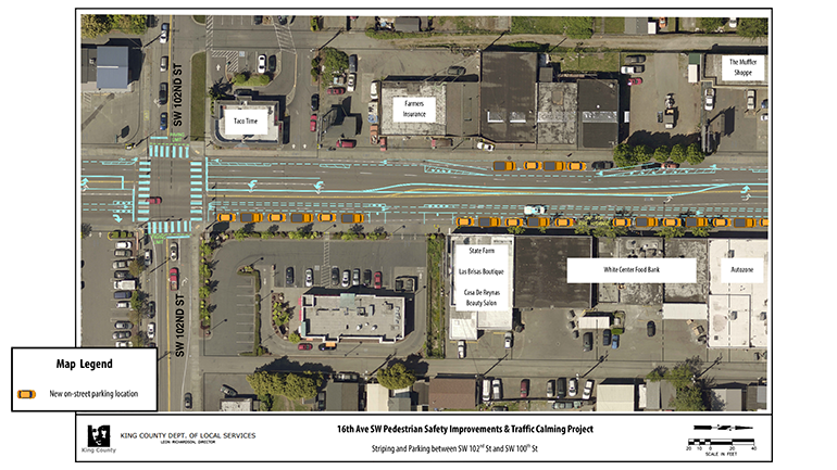 Aerial map showing striping and parking between 102nd St and SW 100th St.