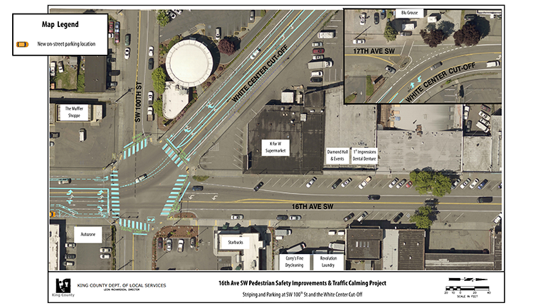 Aerial map showing striping and parking at SW 100th St and White Center Cut-Off.