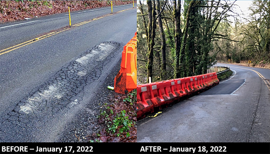 Before and after photo of 244th Avenue NE showing large cracked section before repair and the support wall..