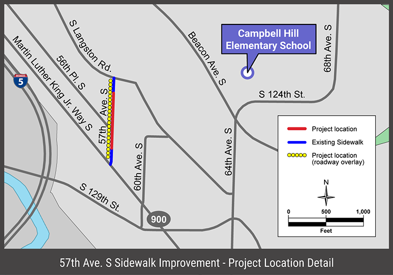 Map graphic of 57th Ave S Sidewalk Improvement Project location
