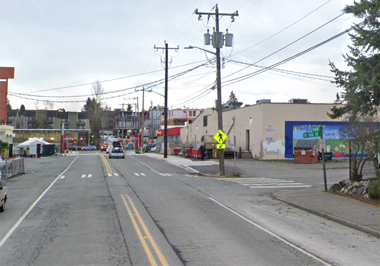 Photo of location at SW 106th Street and 15th Avenue SW where three curb ramps will be replaced and an additional crosswalk will be installed.
