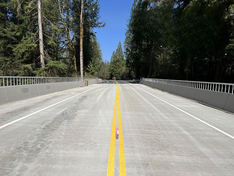 Lane striping and pavement grooving is visible along the bridge. 