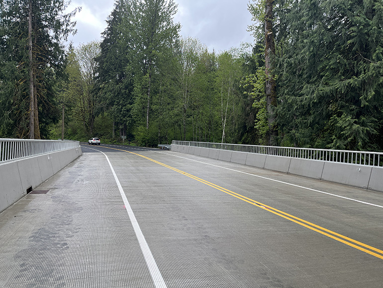 Lane striping and pavement grooving is visible along the new bridge.