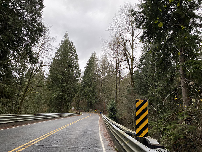 View of the Ames Lake Bridge as seen from Ames Lake-Carnation Road NE while heading south toward NE Union Hill Road
