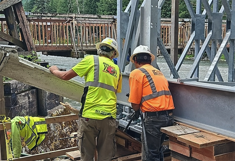 Pouring concrete in the bridge abutments.
