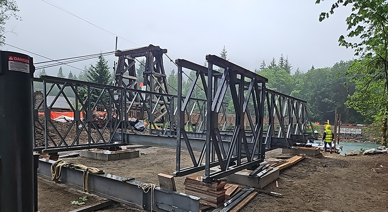 Temporary bridge nose being installed