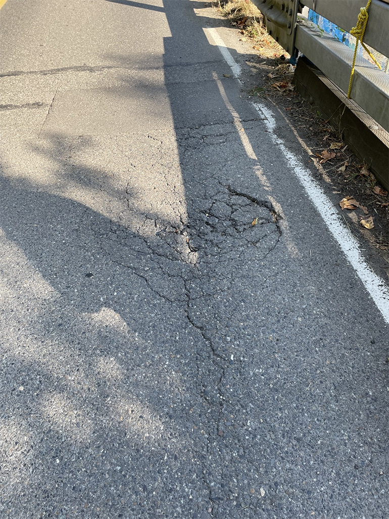 Photo of concrete on bridge top showing cracking and sinking.