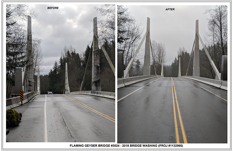 Before and after photo of cleaning of Falming Geyser Bridge