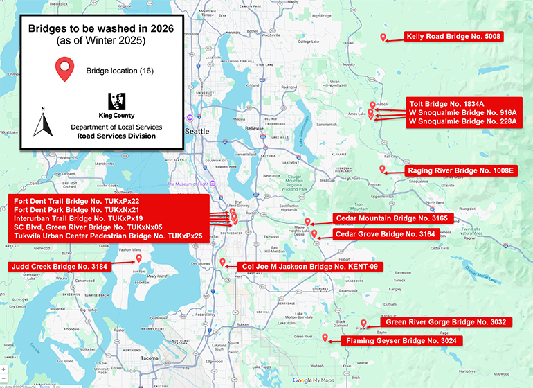 Graphic map with red marking locations of bridges to be washed in 2026