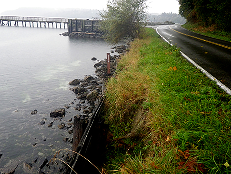 Photo of the Dockton seawall showing damage due to a king tide.