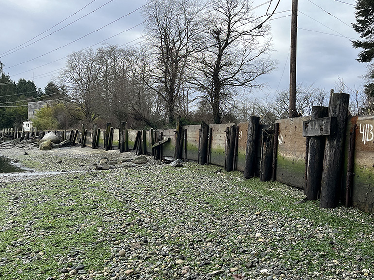 White reference numbers are visible on wood paneling on a stretch of the Dockton Seawall.