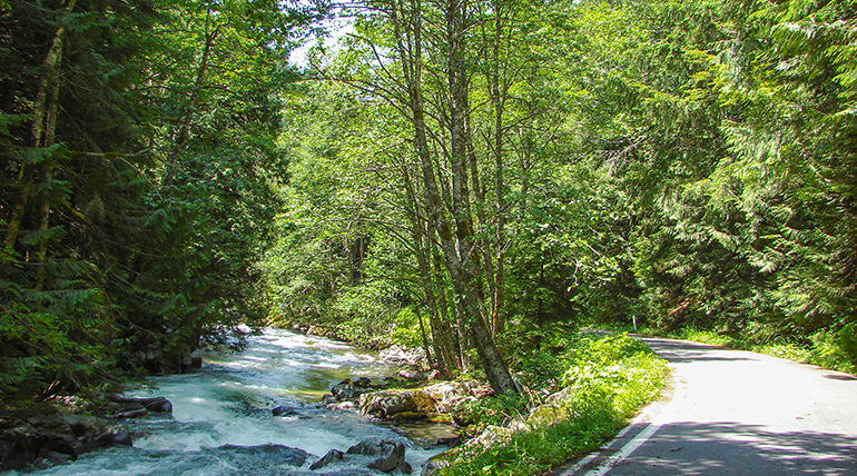 Road winding along the side of a river.