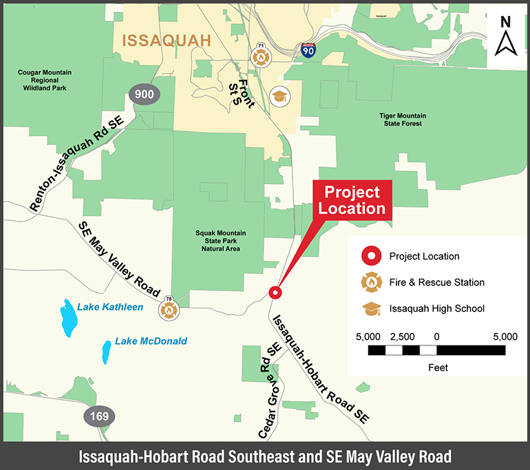 Graphic of project location at Issaquah-Hobart Road SE and SE May Valley Road intersection