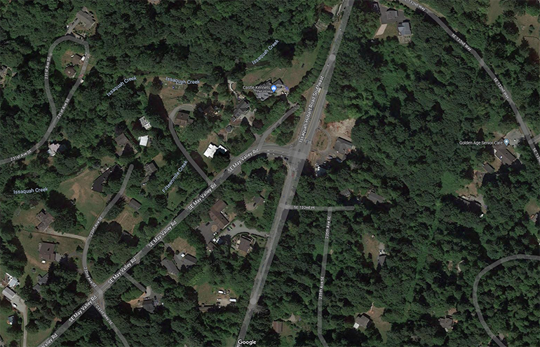 Satellite photo of Issaquah-Hobart Road SE and SE May Valley Road intersection 