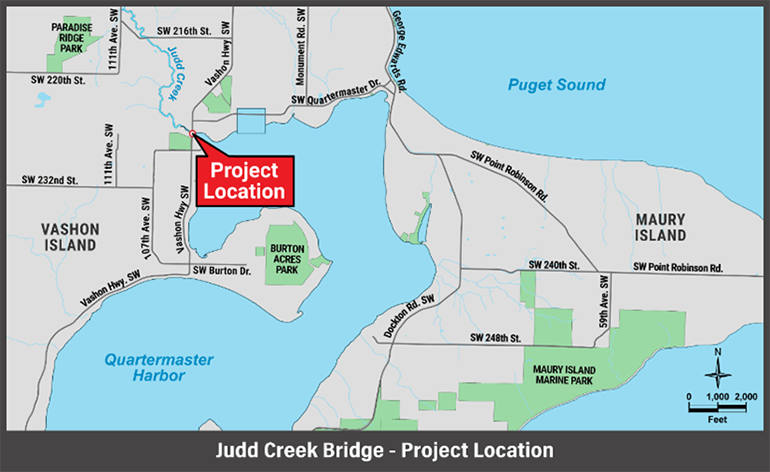 Map graphic showing project location on Vashon Highway SW between SW Quartermaster Drive and SW 228th Street. 