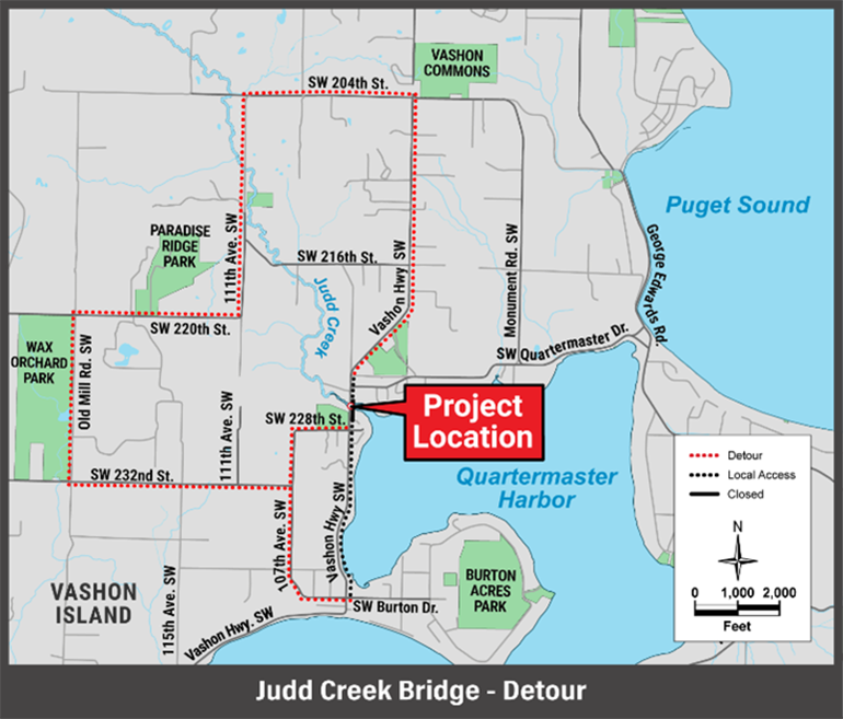 Map graphic dispaying detour during six week construction. 