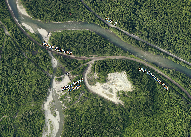 Aerial view of the east fork of the Miller River featuring major landmarks.