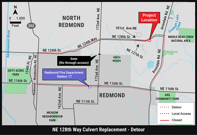 Map graphic detailing NE 128th Way Culvert Replacement detour.