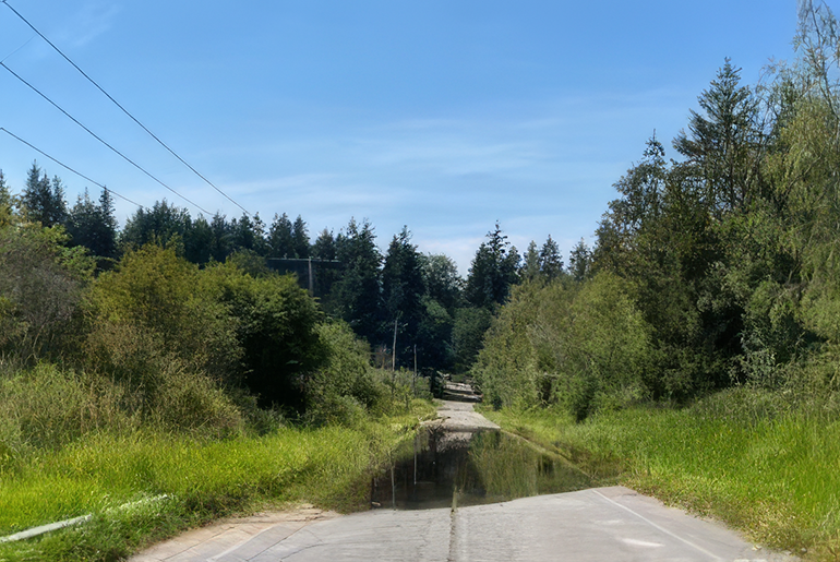 Standing water over a road.