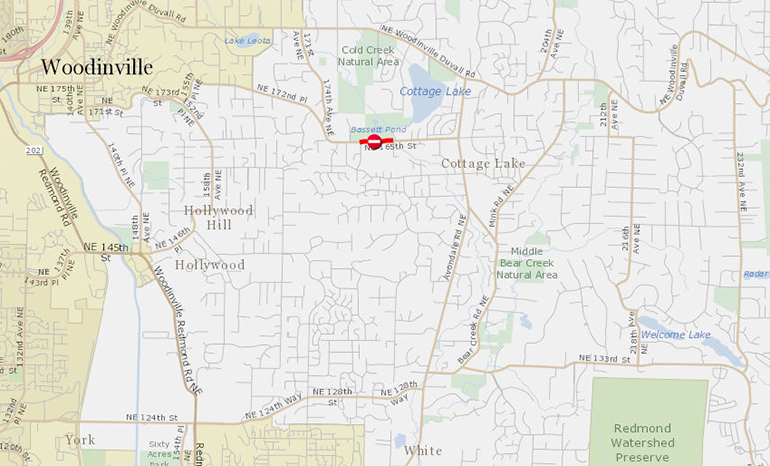 Map over water over road location near Cottage Lake community