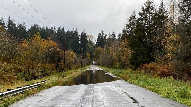 Looking straight down road on cloudy day with water covering the middle of the road.