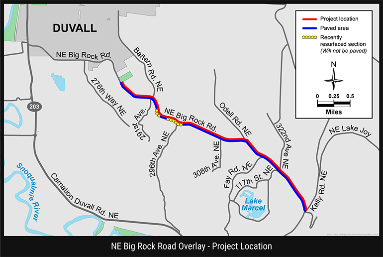Map graphic of 3.23 miles of NE Big Rock Road will be paved between the Duvall City Limits and Kelly Road NE.