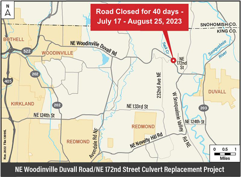 Map of NE Woodinville Duvall Road at NE 172nd Street in Cottage Lake, west of Duvall, WA. 
