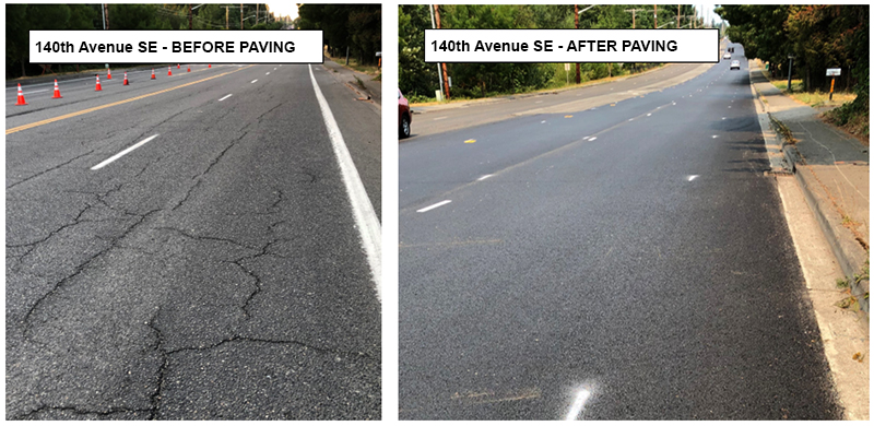 Side-by-side photos showing 140th Ave SE in Fairwood before and after paving, with temporary stripes on the new pavement.