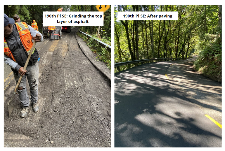 Crews repaving 190th Pl SE near Issaquah by grinding pavement and adding fresh asphalt to repair the damaged section.