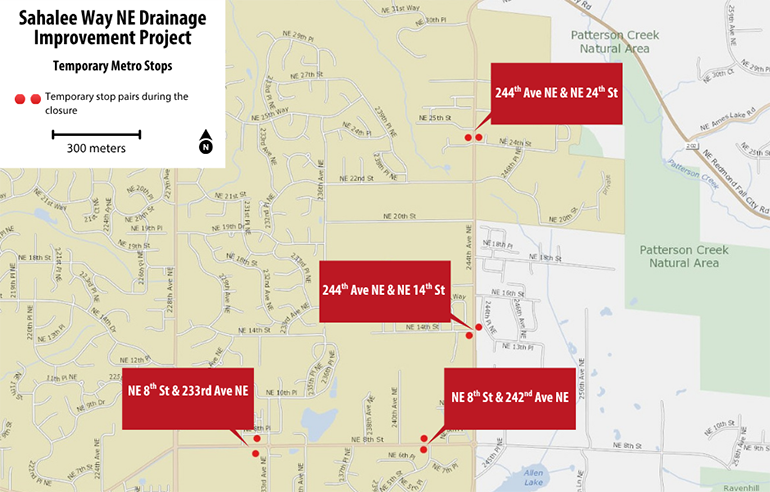 Graphic map of red callouts of temporary metro stops.