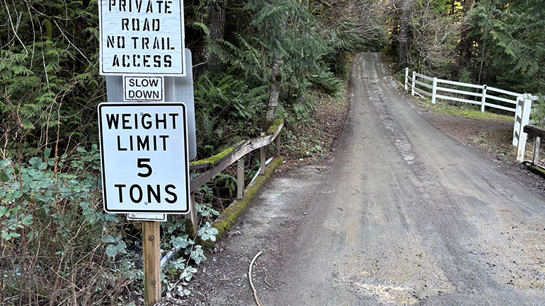 Private bridge at SE Edgewick Road with new lower posted weight limit.