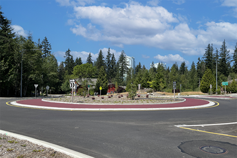 A completed roundabout at the intersection of Redmond Ridge Drive NE and NE Alder Crest Drive in NE King County.