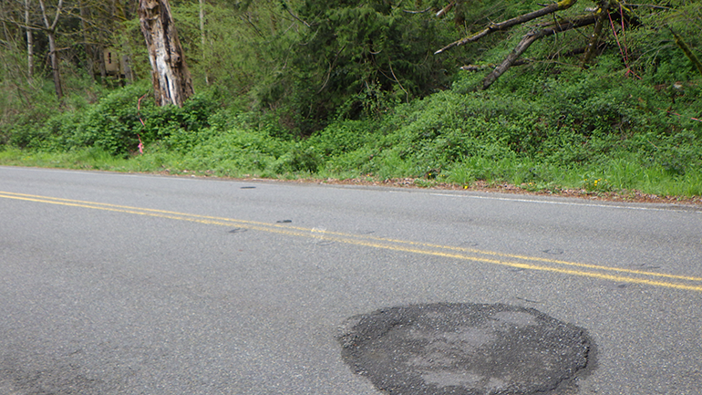 Pothole in road with trees on side of road