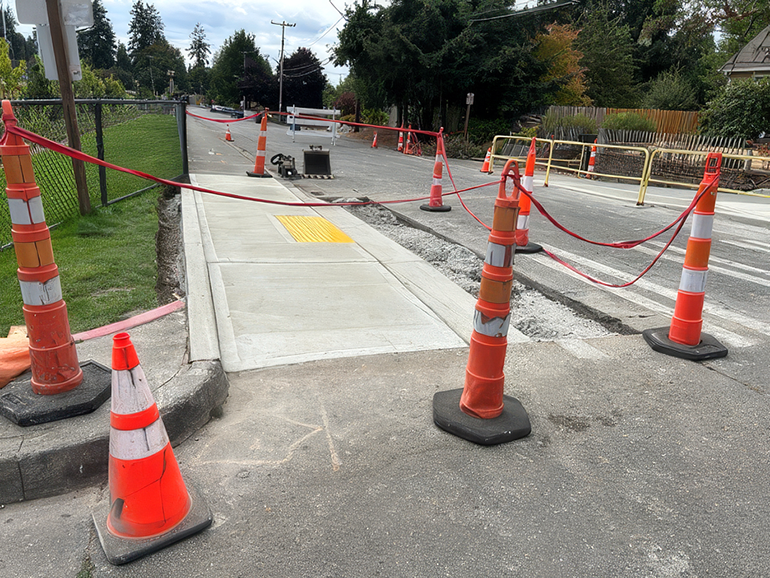 Construction cones near sidewalk construction
