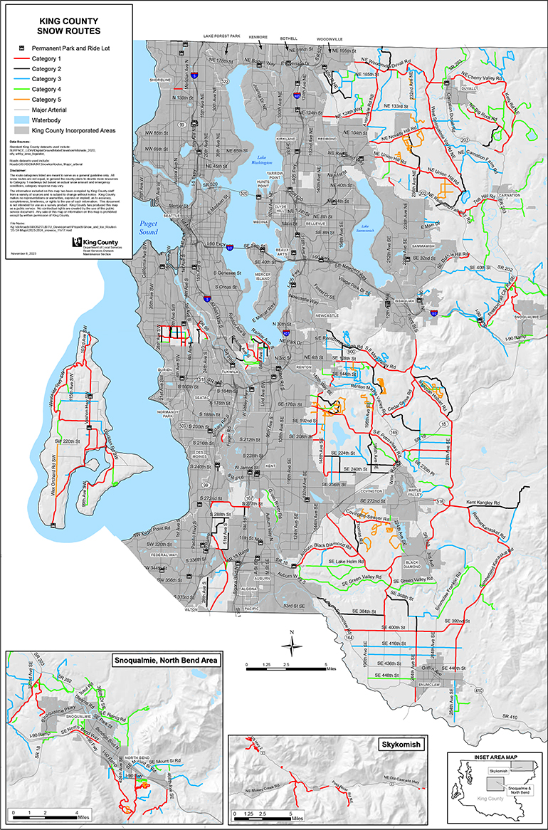 Snow and ice route map for unincorporated King County.