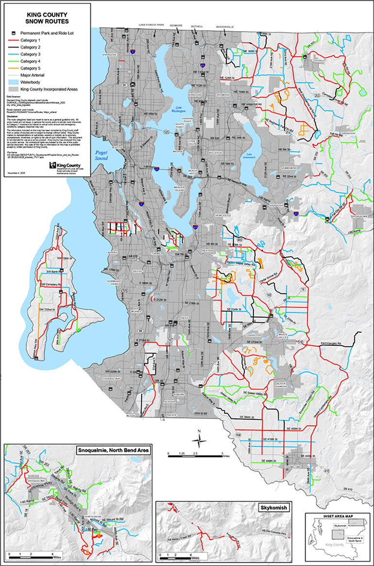 Snow and Ice Routes Map for unincorporated King County, 2025-16.