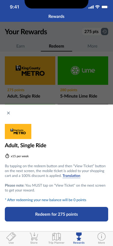 Use points to collect rewards from the Redeem tab of the Rewards section. 