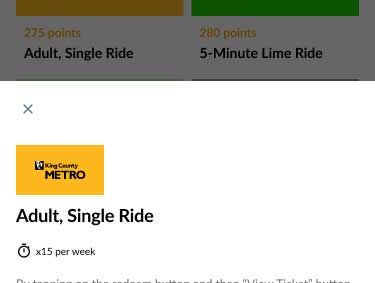 Transit GO Ticket app rewards selection screen